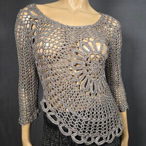 Vintage 90s Y2k grey Crochet Asymmetric Sweater Size M Boho Fairy Grunge
